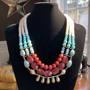 3-Strand, Statement Beaded Bib Necklace: Southwest Vibes, Faux Coral & Turquoise